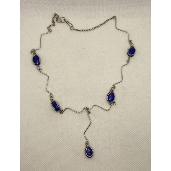 Silver Tone Blue Oval Glass Unique Link Station Necklace Drop Pendant 17 in - Picture 6 of 9